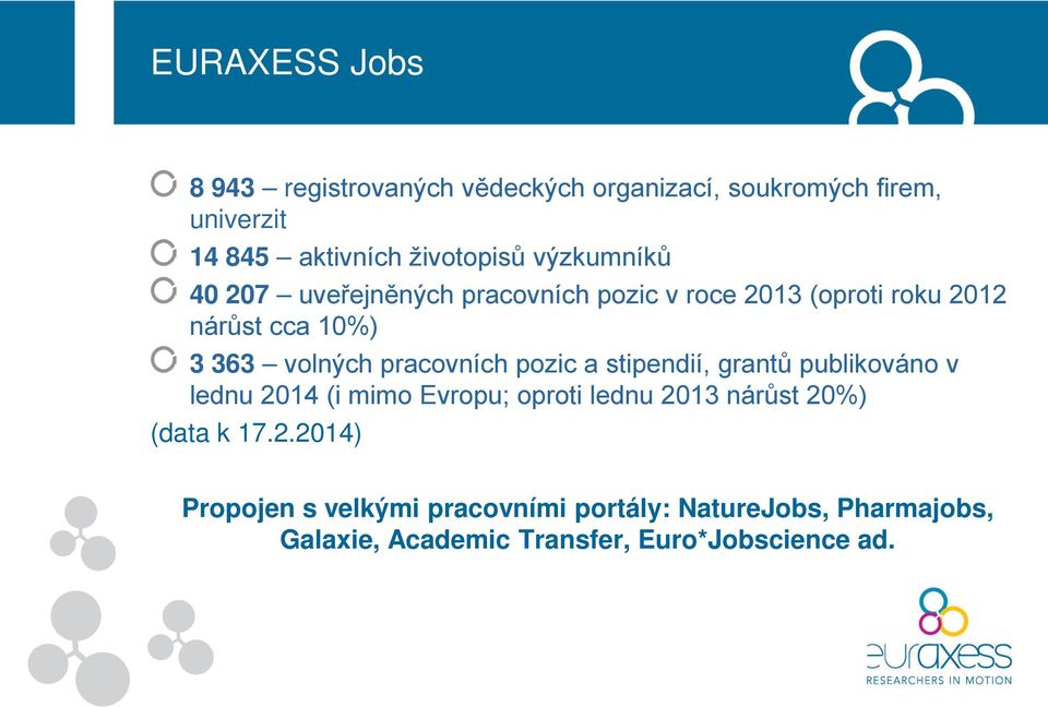 pracovních pozic a stipendií, grantů publikováno v lednu 2014 (i mimo Evropu; oproti lednu 2013 nárůst 20%) (data