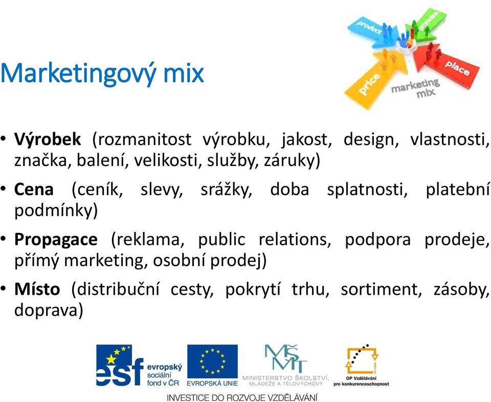 platební podmínky) Propagace (reklama, public relations, podpora prodeje, přímý