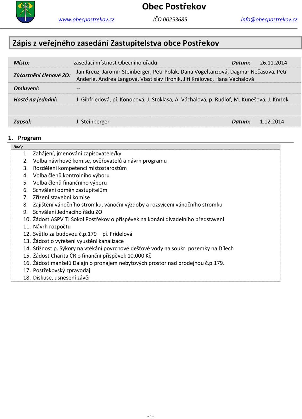 jednání: J. Gibfriedvá, pí. Knpvá, J. Stklasa, A. Váchalvá, p. Rudlf, M. Kunešvá, J. Knížek Zapsal: J. Steinberger Datum: 1.12.2014 1. Prgram Bdy 1. Zahájení, jmenvání zapisvatele/ky 2.