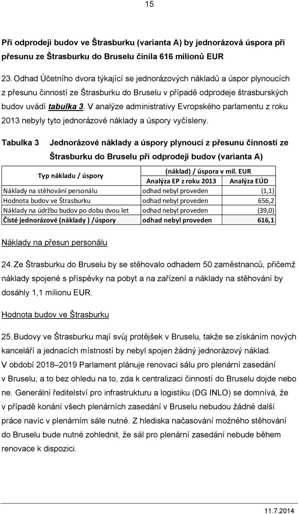 V analýze administrativy Evropského parlamentu z roku 2013 nebyly tyto jednorázové náklady a úspory vyčísleny.