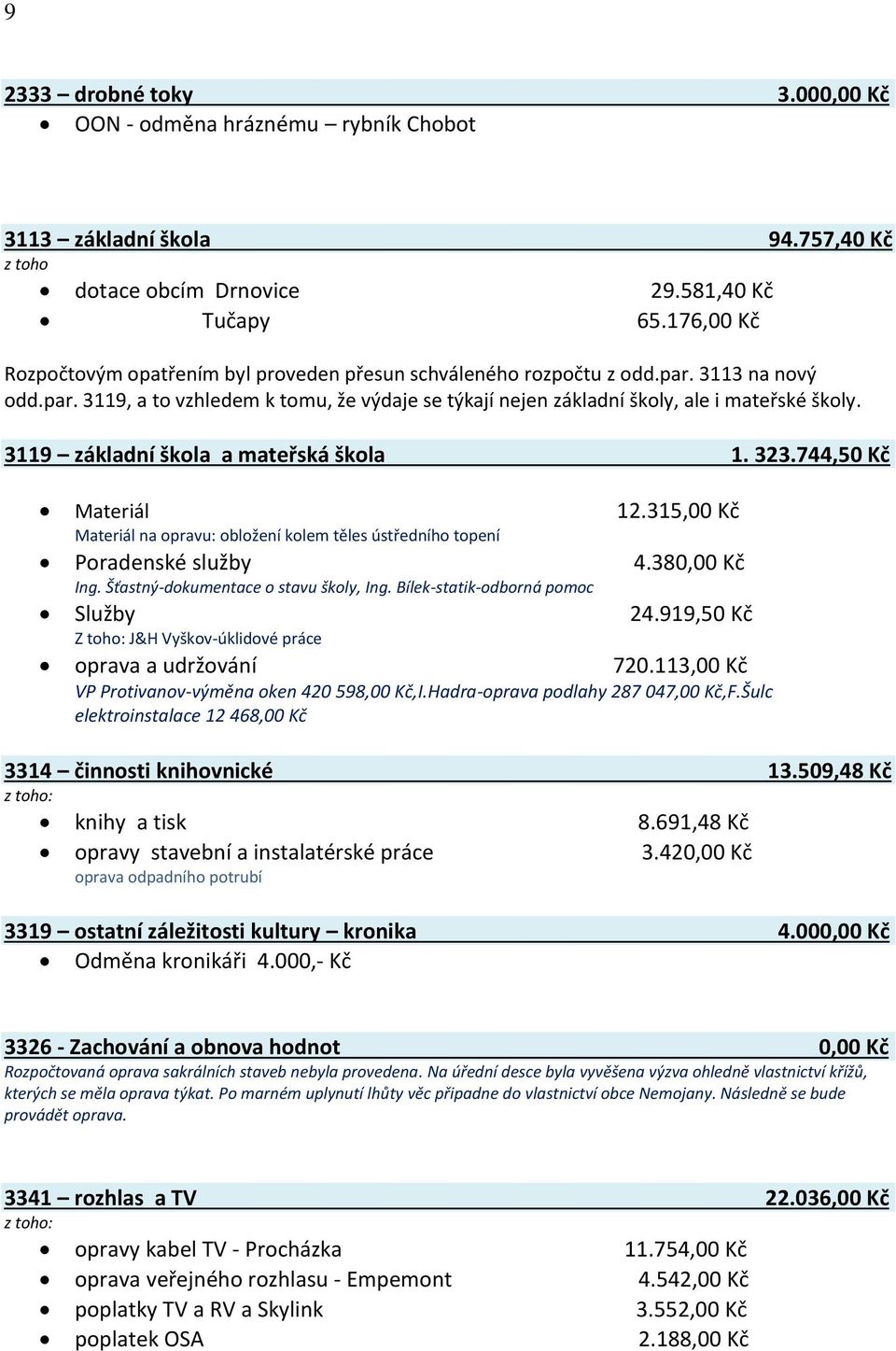 3119 základní škola a mateřská škola 1. 323.744,50 Kč Materiál 12.315,00 Kč Materiál na opravu: obložení kolem těles ústředního topení Poradenské služby 4.380,00 Kč Ing.