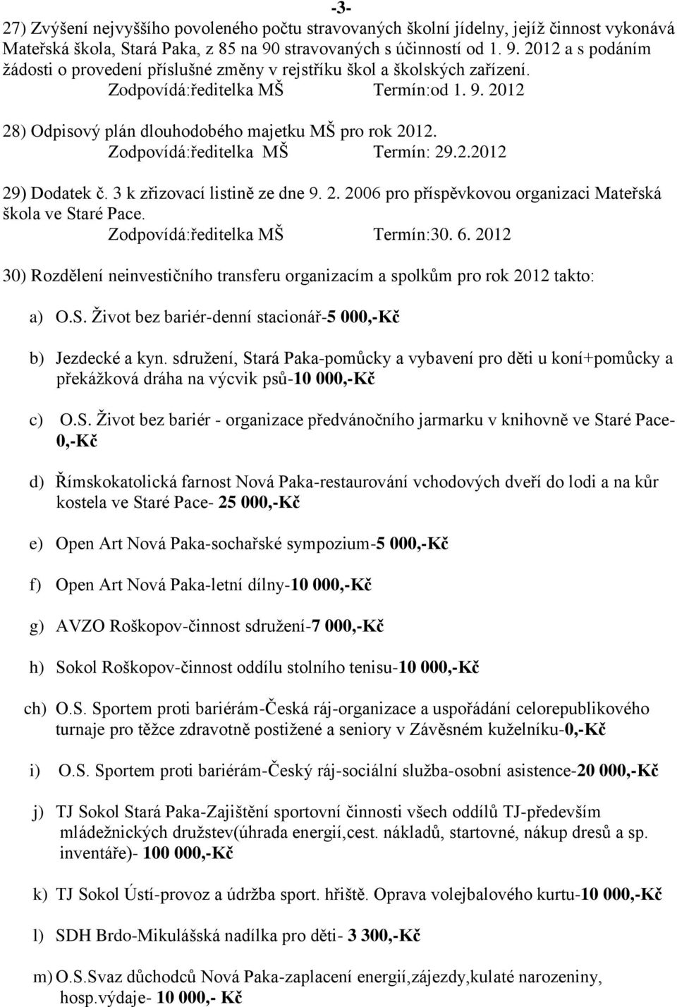 Zodpovídá:ředitelka MŠ Termín: 29.2.2012 29) Dodatek č. 3 k zřizovací listině ze dne 9. 2. 2006 pro příspěvkovou organizaci Mateřská škola ve Staré Pace. Zodpovídá:ředitelka MŠ Termín:30. 6.