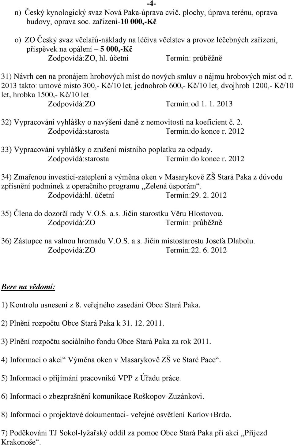 účetní Termín: průběžně 31) Návrh cen na pronájem hrobových míst do nových smluv o nájmu hrobových míst od r.