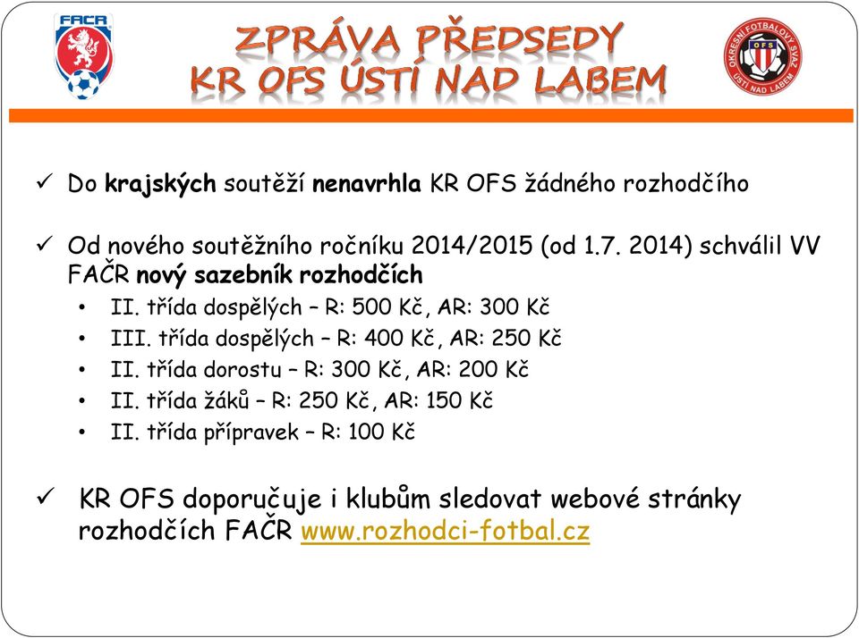 třída dospělých R: 400 Kč, AR: 250 Kč II. třída dorostu R: 300 Kč, AR: 200 Kč II.