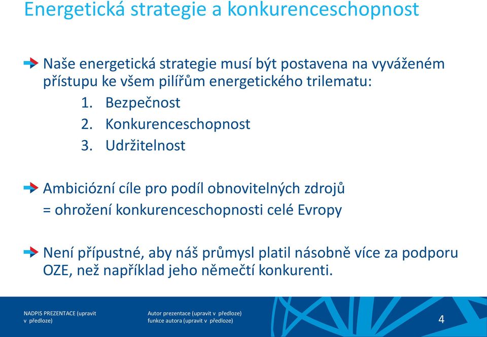 Udržitelnost Ambiciózní cíle pro podíl obnovitelných zdrojů = ohrožení konkurenceschopnosti celé