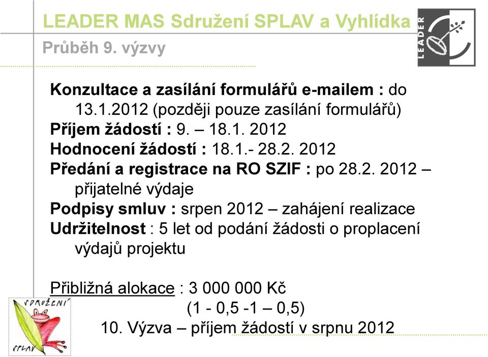 2. 2012 přijatelné výdaje Podpisy smluv : srpen 2012 zahájení realizace Udržitelnost : 5 let od podání