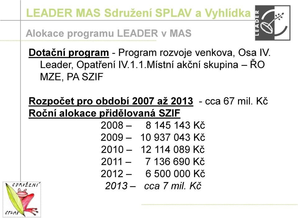 1.Místní akční skupina ŘO MZE, PA SZIF Rozpočet pro období 2007 až 2013 - cca 67