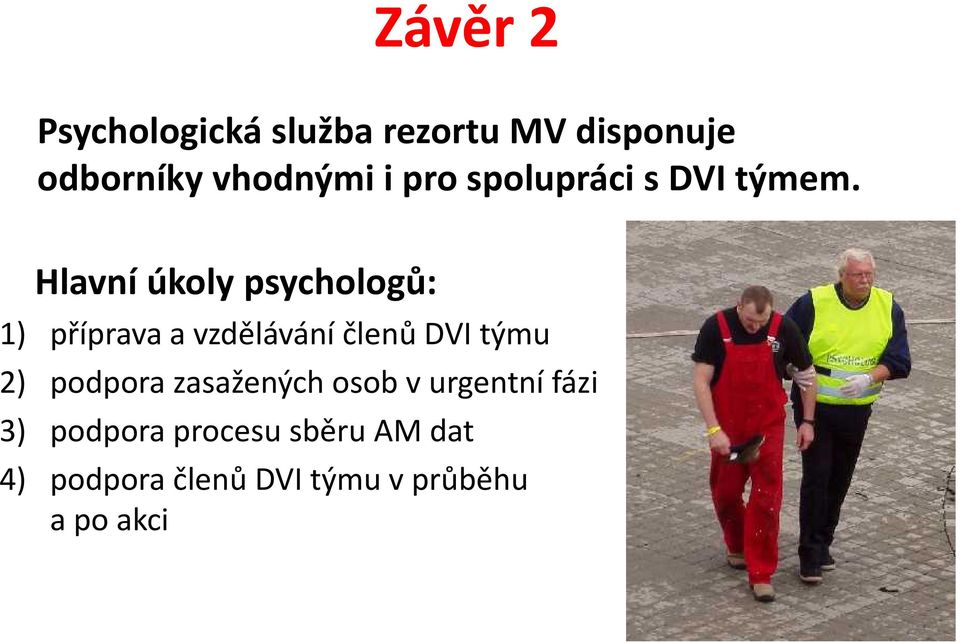 Hlavní úkoly psychologů: 1) příprava a vzdělávání členů DVI týmu 2)