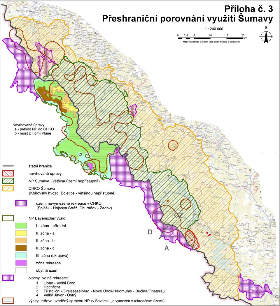 státní hranice navrhované úpravy NP Šumava (většina území nepřístupná) CHKO Šumava (Královský hvozd, Boletice - většinou nepřístupné) 3 území nevymezené rekreace v CHKO (Špičák - Hojsova Stráž,