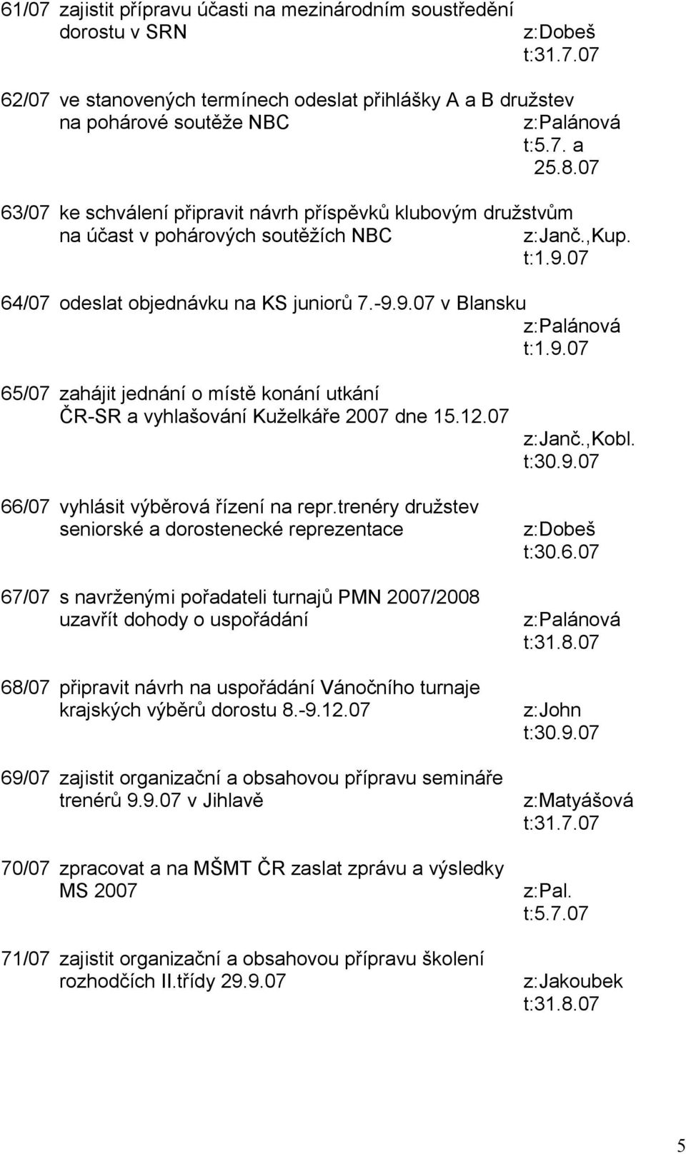 07 64/07 odeslat objednávku na KS juniorů 7.-9.9.07 v Blansku t:1.9.07 65/07 zahájit jednání o místě konání utkání ČR-SR a vyhlašování Kuželkáře 2007 dne 15.12.