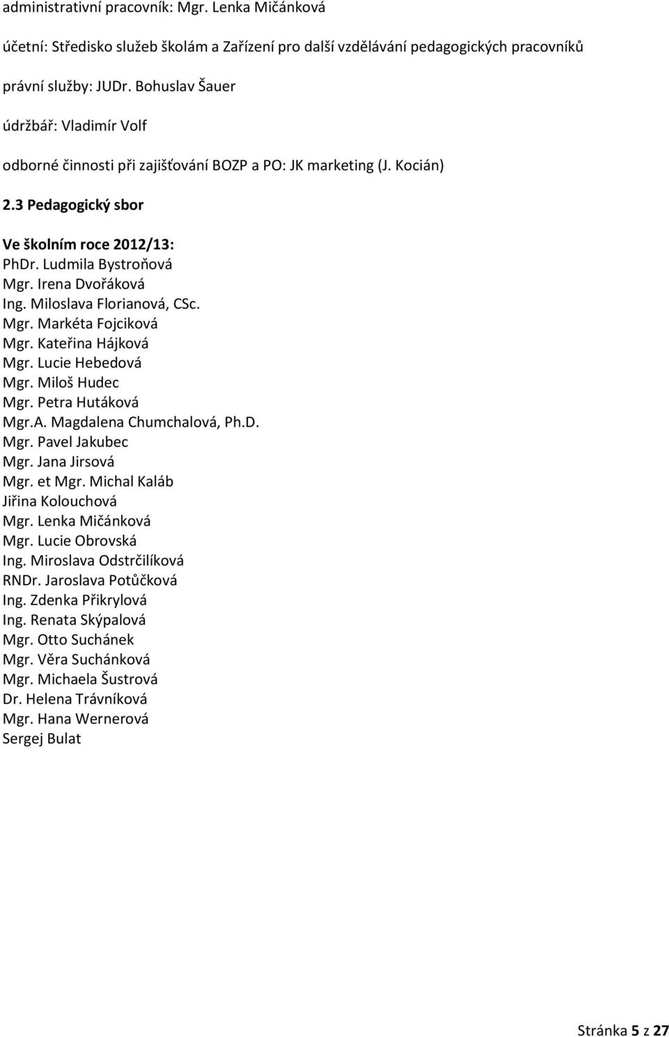 Irena Dvořáková Ing. Miloslava Florianová, CSc. Mgr. Markéta Fojciková Mgr. Kateřina Hájková Mgr. Lucie Hebedová Mgr. Miloš Hudec Mgr. Petra Hutáková Mgr.A. Magdalena Chumchalová, Ph.D. Mgr. Pavel Jakubec Mgr.