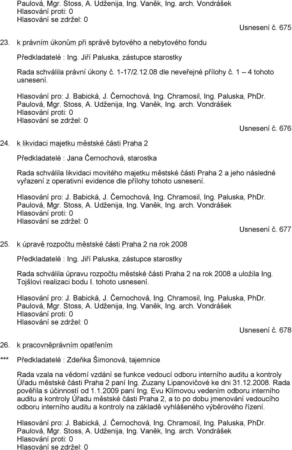 Hlasování pro: J. Babická, J. Černochová, Ing. Chramosil, Ing. Paluska, PhDr. Paulová, Mgr. Stoss, A. Udženija, Ing. Vaněk, Ing. arch. Vondrášek Hlasování proti: 0 Hlasování se zdržel: 0 Usnesení č.