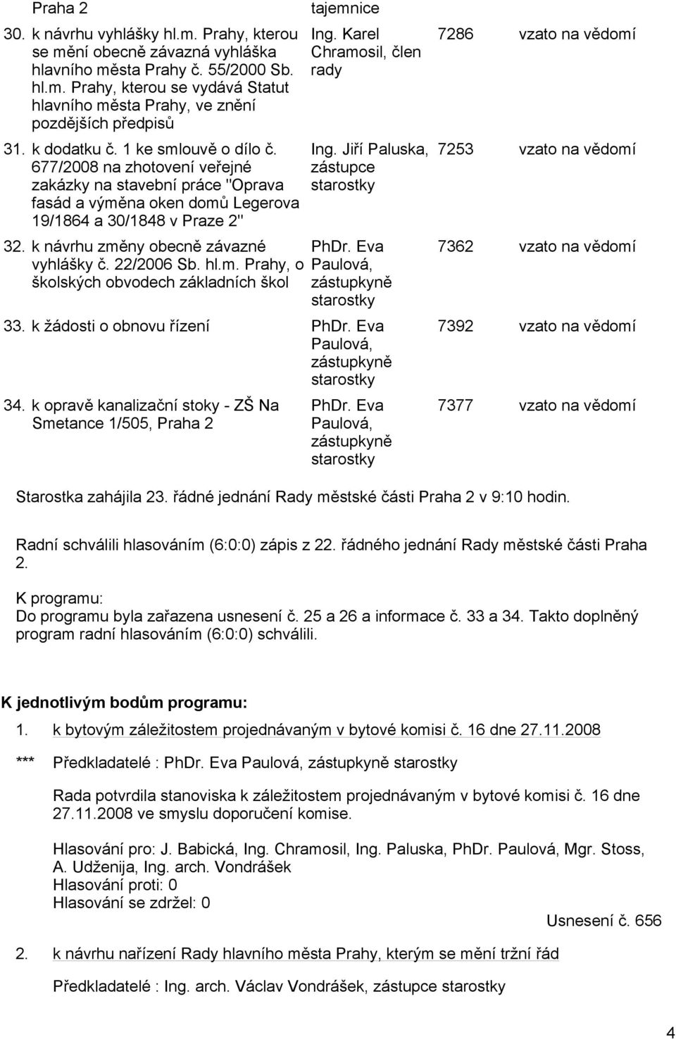 k návrhu změny obecně závazné vyhlášky č. 22/2006 Sb. hl.m. Prahy, o školských obvodech základních škol Ing. Karel Chramosil, člen rady Ing. Jiří Paluska, zástupce starostky PhDr.