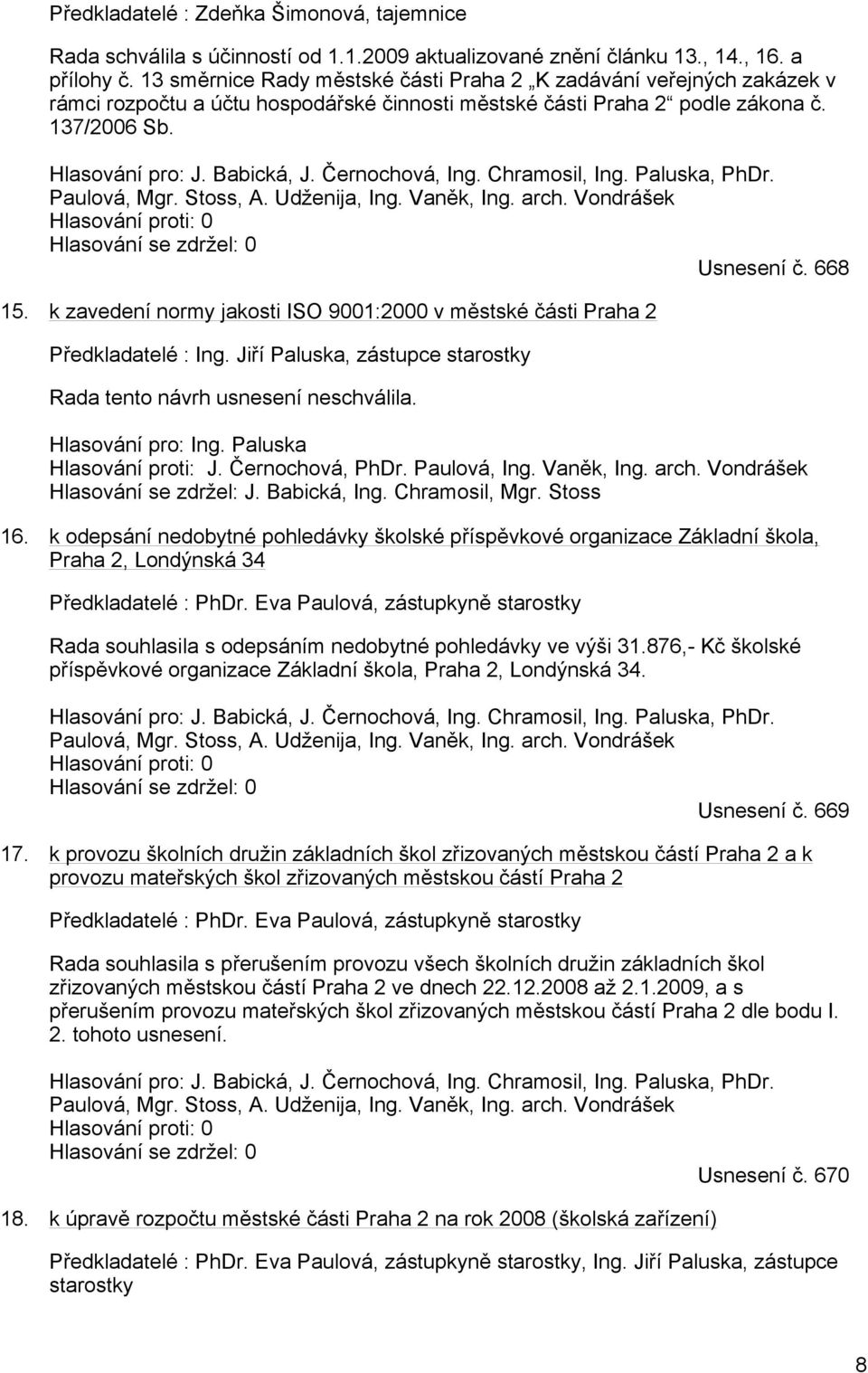 Černochová, Ing. Chramosil, Ing. Paluska, PhDr. Paulová, Mgr. Stoss, A. Udženija, Ing. Vaněk, Ing. arch. Vondrášek Hlasování proti: 0 Hlasování se zdržel: 0 Usnesení č. 668 15.