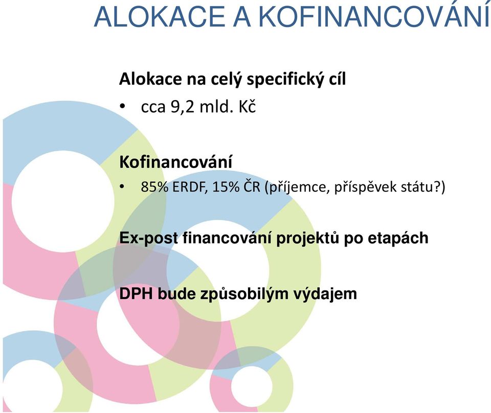Kč Kofinancování 85% ERDF, 15% ČR (příjemce,