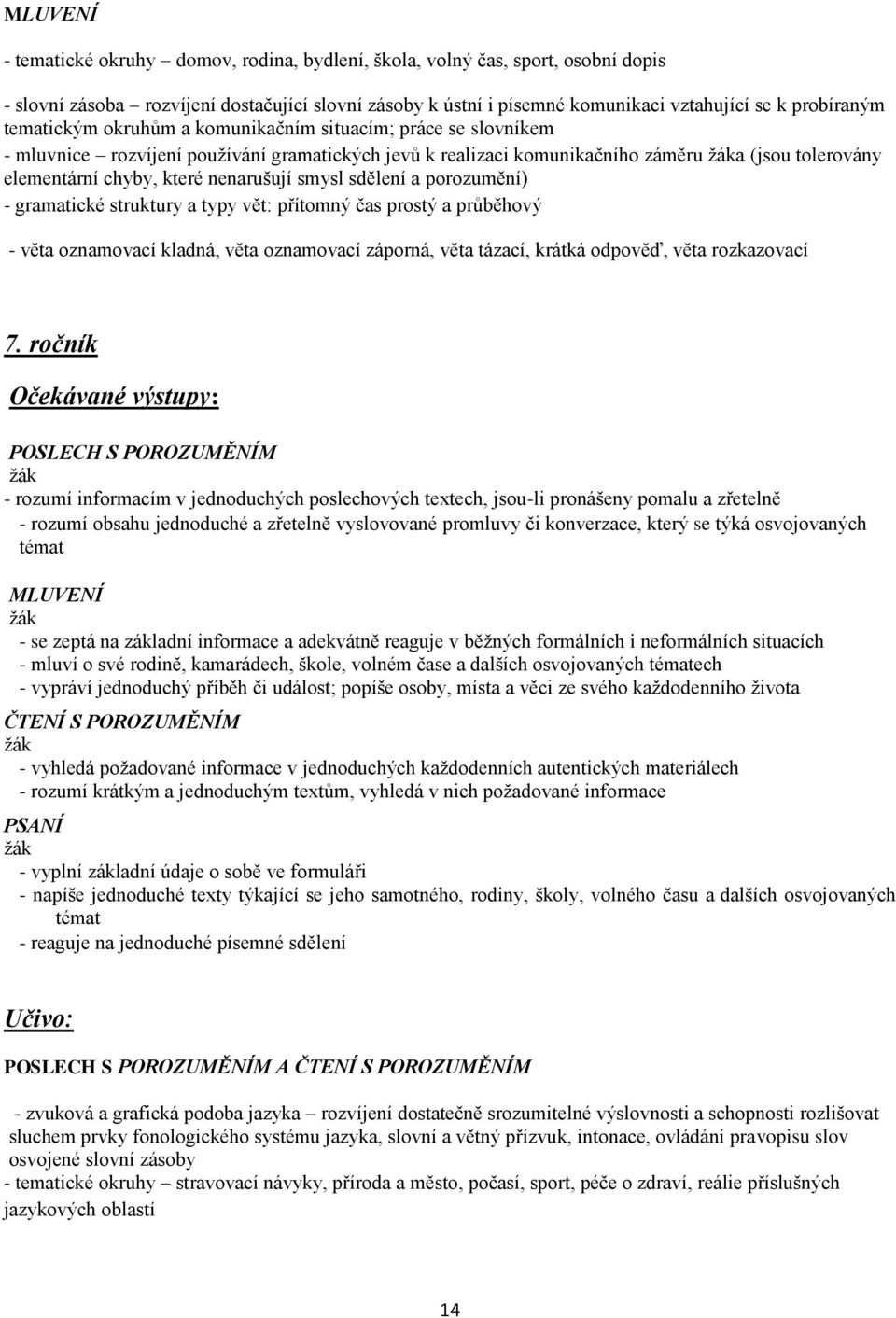 smysl sdělení a porozumění) - gramatické struktury a typy vět: přítomný čas prostý a průběhový - věta oznamovací kladná, věta oznamovací záporná, věta tázací, krátká odpověď, věta rozkazovací 7.