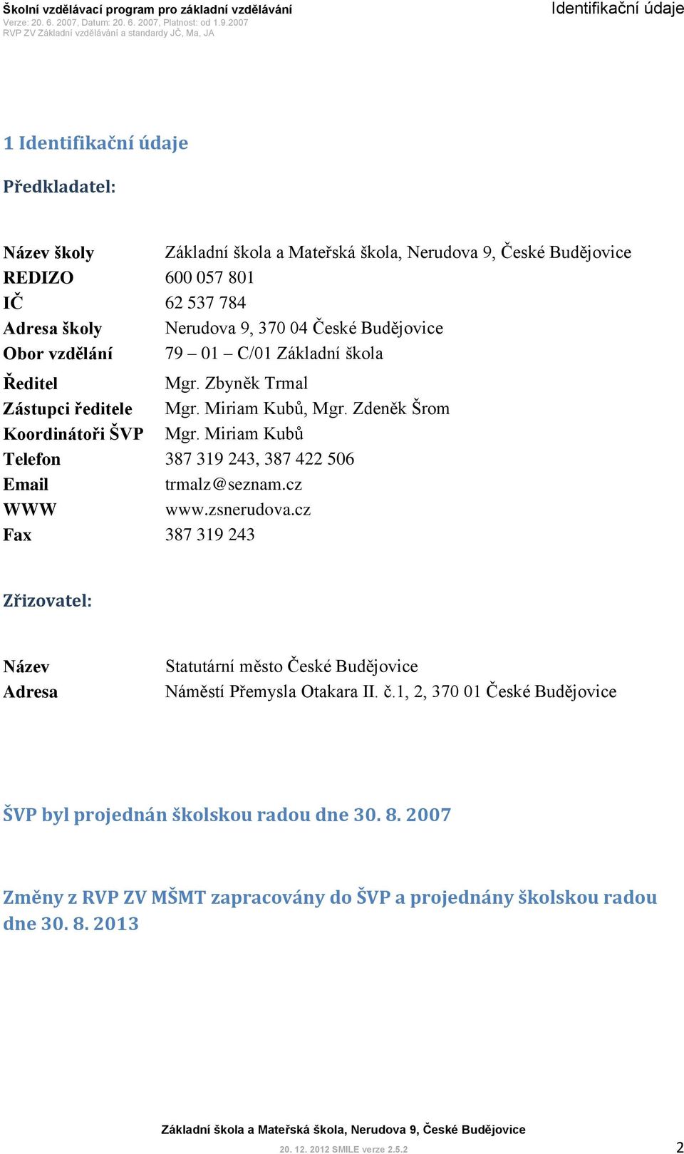 Miriam Kubů Telefon 387 319 243, 387 422 506 Email trmalz@seznam.cz WWW www.zsnerudova.