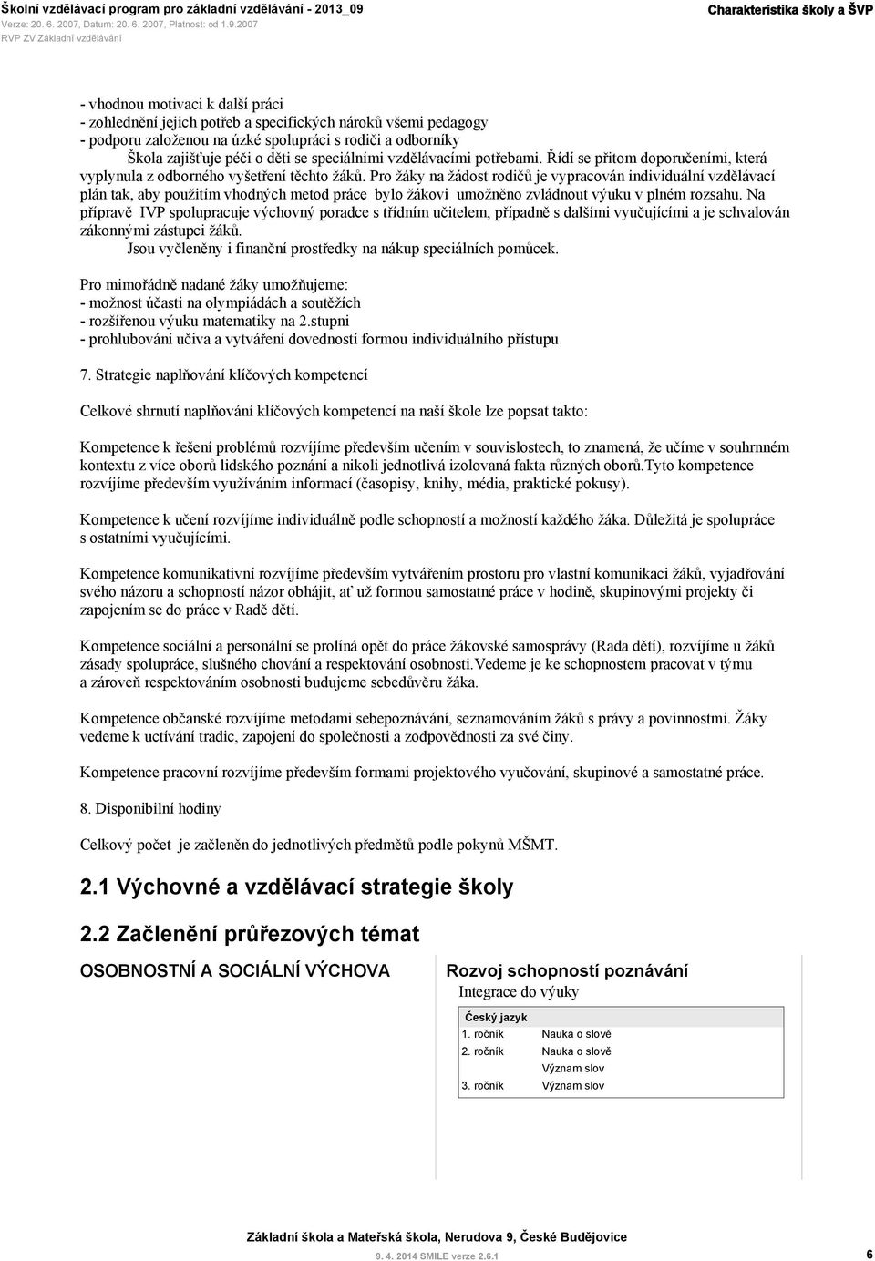 Pro žáky na žádost rodičů je vypracován individuální vzdělávací plán tak, aby použitím vhodných metod práce bylo žákovi umožněno zvládnout výuku v plném rozsahu.