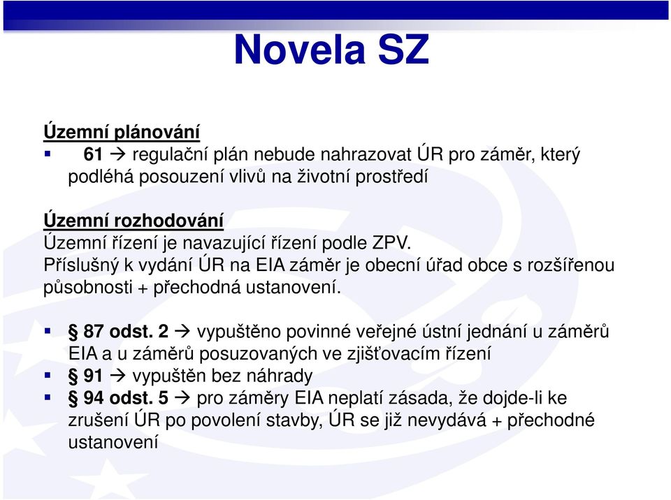 Příslušný k vydání ÚR na EIA záměr je obecní úřad obce s rozšířenou působnosti + přechodná ustanovení. 87 odst.