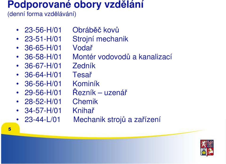 kanalizací 36-67-H/01 Zedník 36-64-H/01 Tesař 36-56-H/01 Kominík 29-56-H/01