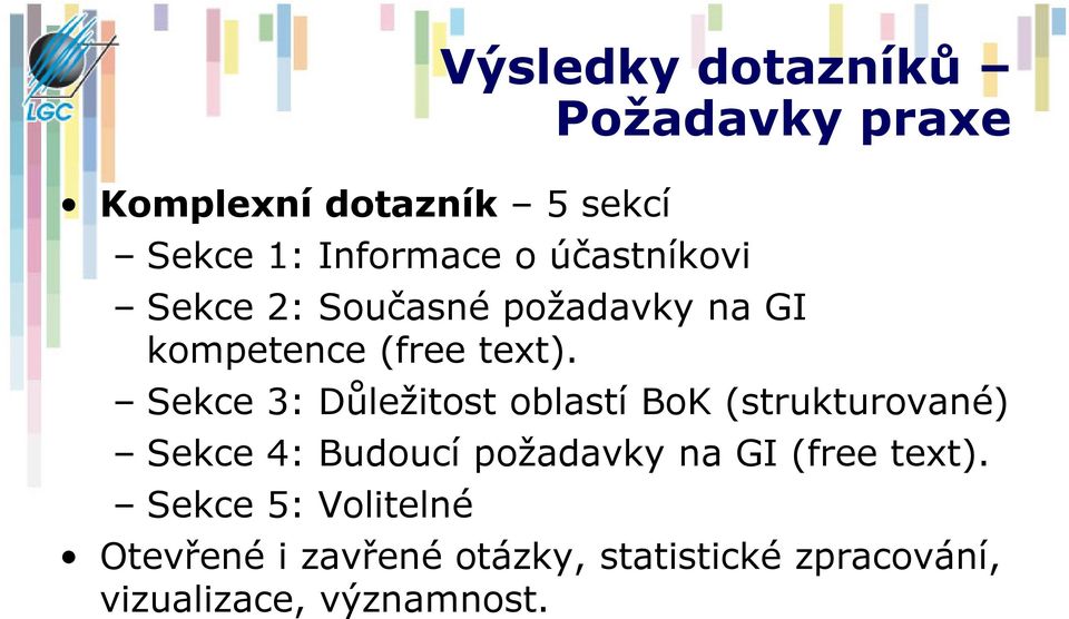 Sekce 3: Důležitost oblastí BoK (strukturované) Sekce 4: Budoucí požadavky na GI