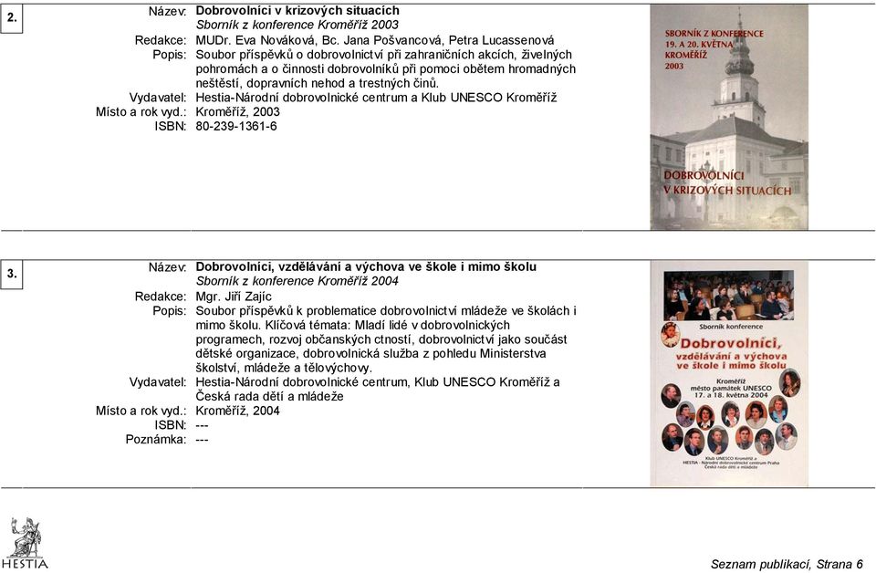 nehod a trestných činů. Vydavatel: Hestia-Národní dobrovolnické centrum a Klub UNESCO Kroměříž Místo a rok vyd.: Kroměříž, 2003 ISBN: 80-239-1361-6 3.