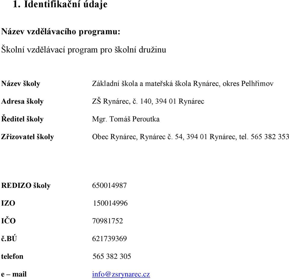 140, 394 01 Rynárec Mgr. Tomáš Peroutka Zřizovatel školy Obec Rynárec, Rynárec č. 54, 394 01 Rynárec, tel.