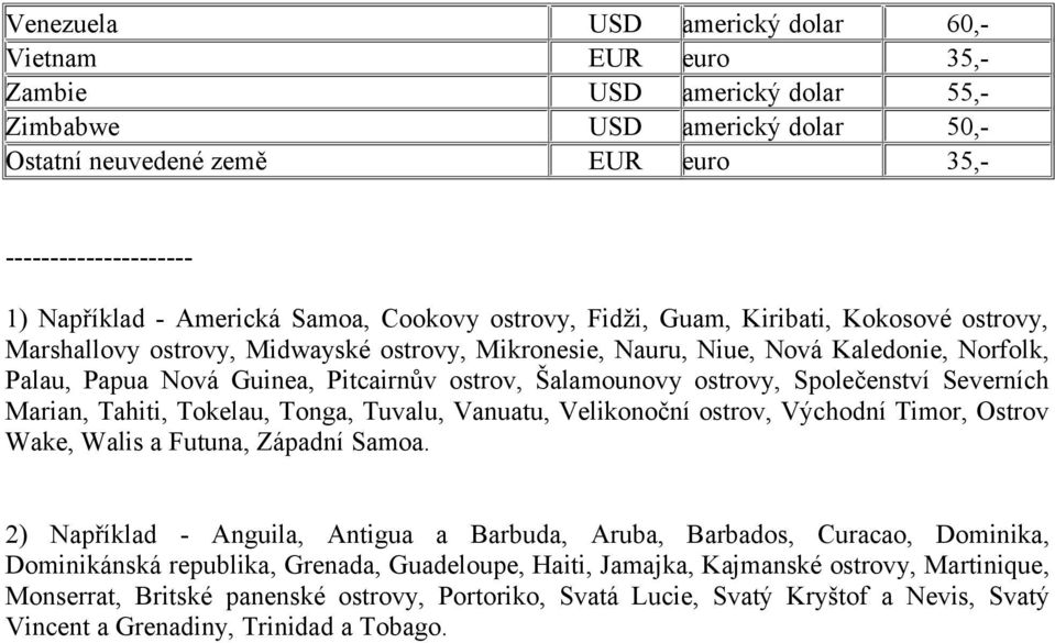 Pitcairnův ostrov, Šalamounovy ostrovy, Společenství Severních Marian, Tahiti, Tokelau, Tonga, Tuvalu, Vanuatu, Velikonoční ostrov, Východní Timor, Ostrov Wake, Walis a Futuna, Západní Samoa.