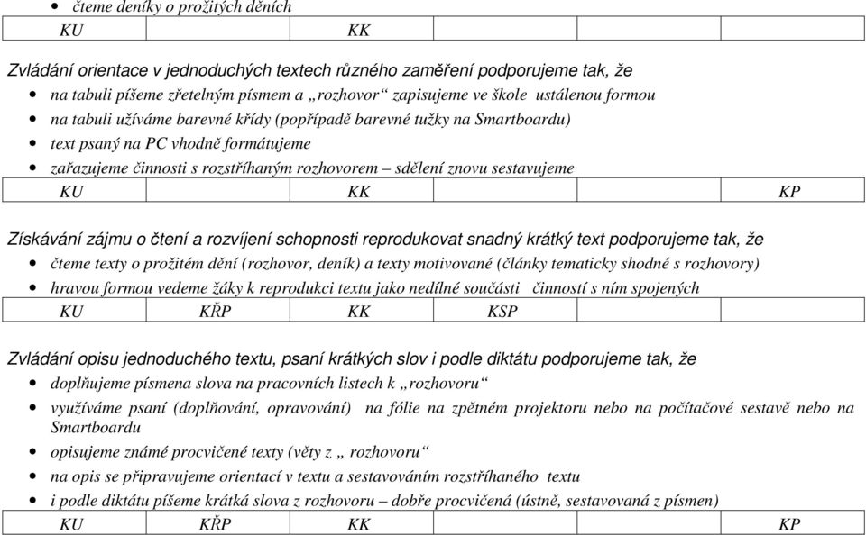 zájmu o čtení a rozvíjení schopnosti reprodukovat snadný krátký text podporujeme tak, že čteme texty o prožitém dění (rozhovor, deník) a texty motivované (články tematicky shodné s rozhovory) hravou