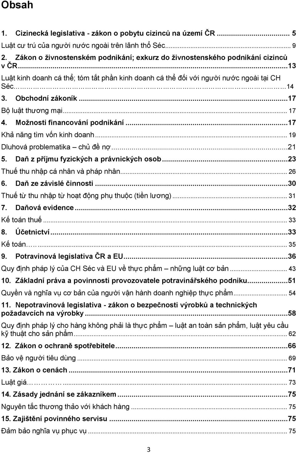 ..17 Bộ luật thương mại... 17 4. Možnosti financování podnikání...17 Khả năng tìm vốn kinh doanh... 19 Dluhová problematika chủ đề nợ...21 5. Daň z příjmu fyzických a právnických osob.