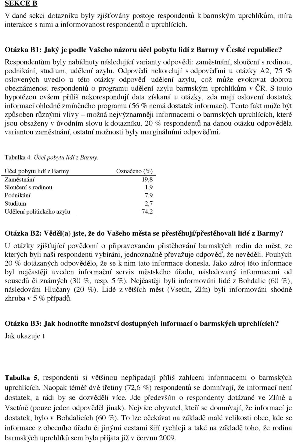Odpov#di nekorelují s odpov#(mi u otázky A2, 75 % osloven!ch uvedlo u této otázky odpov#( ud#lení azylu, co# m$#e evokovat dobrou obeznámenost respondent$ o programu ud#lení azylu barmsk!
