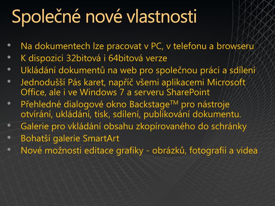 SharePoint Přehledné dialogové okno Backstage TM pro nástroje otvírání, ukládání, tisk, sdílení, publikování dokumentu.