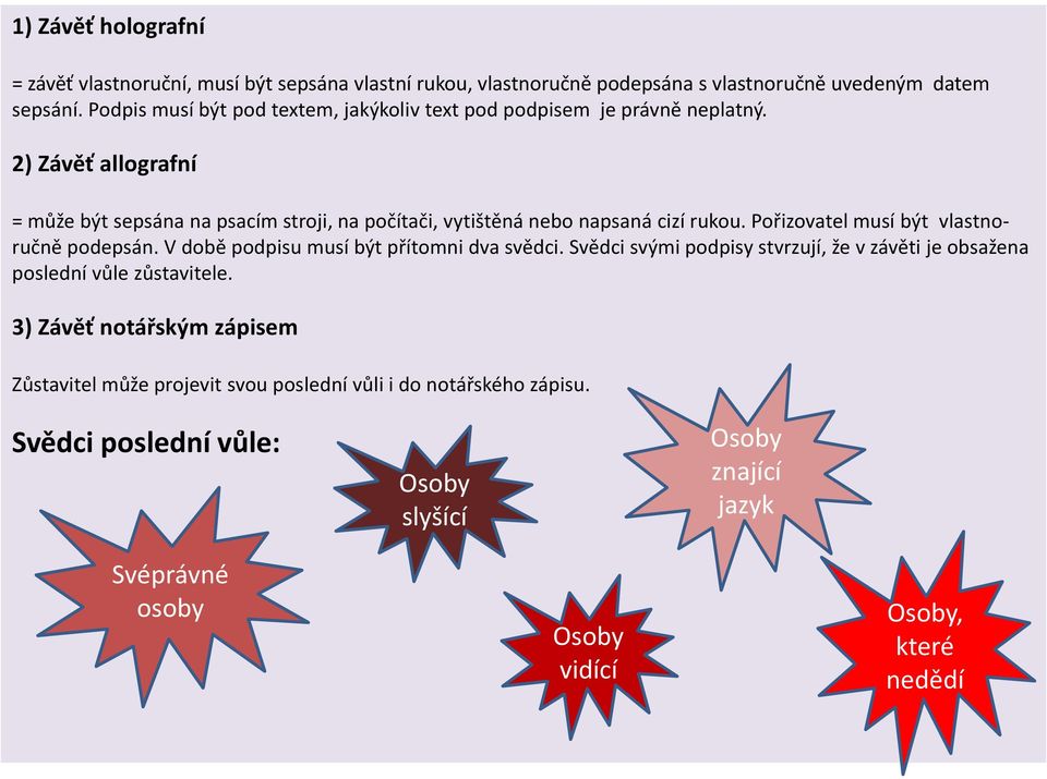 2) Závěť allografní = může být sepsána na psacím stroji, na počítači, vytištěná nebo napsaná cizí rukou. Pořizovatel musí být vlastnoručně podepsán.