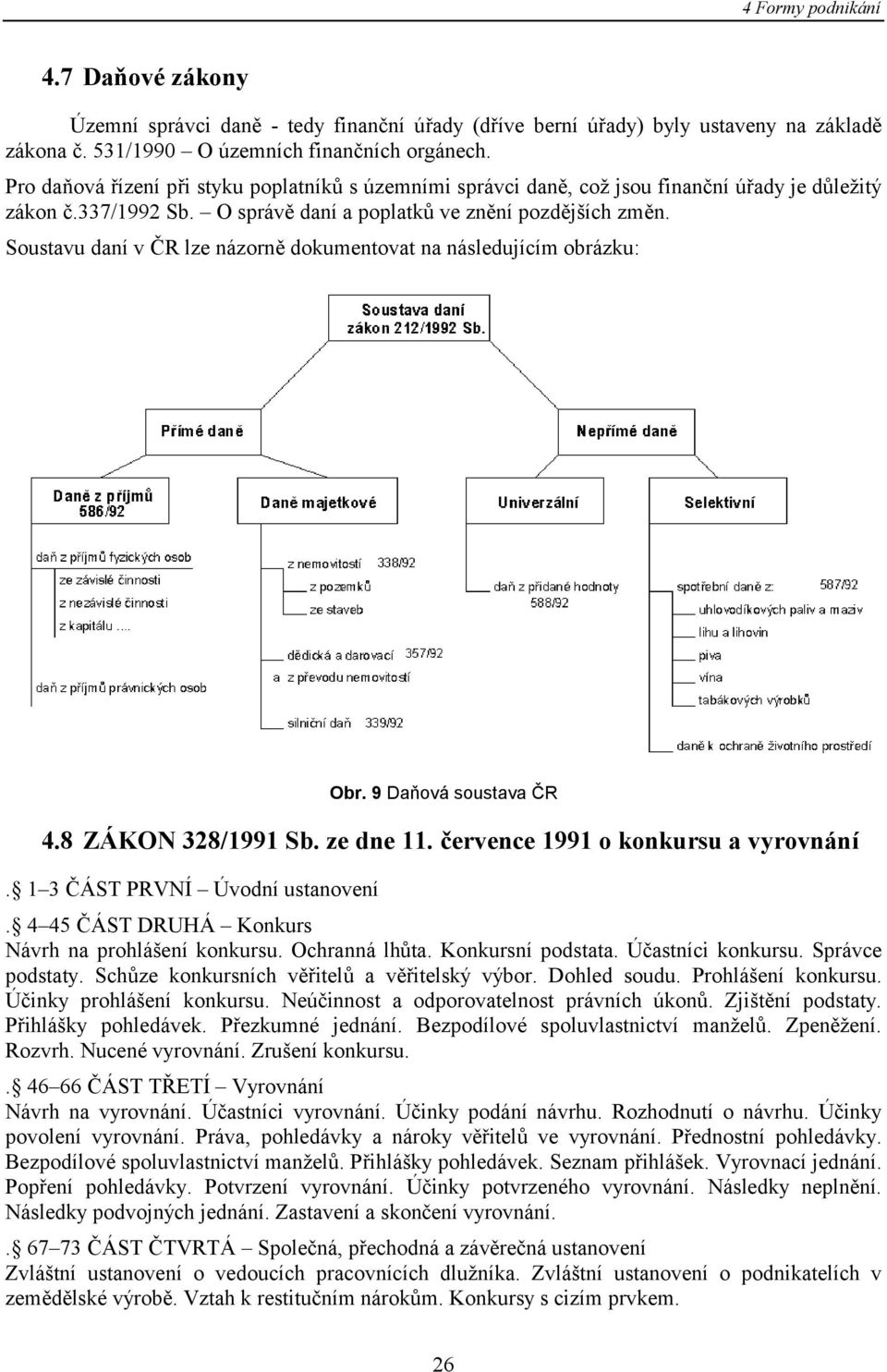 Soustavu daní v ČR lze názorně dokumentovat na následujícím obrázku: Obr. 9 Daňová soustava ČR 4.8 ZÁKON 328/1991 Sb. ze dne 11. července 1991 o konkursu a vyrovnání. 1 3 ČÁST PRVNÍ Úvodní ustanovení.