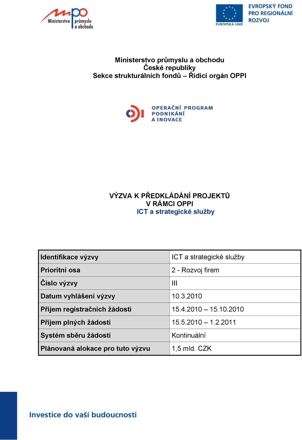 služby 2 - Rozvoj firem III Datum vyhlášení výzvy 10.3.2010 Příjem registračních žádostí 15.4.2010 15.10.2010 Příjem plných žádostí 15.