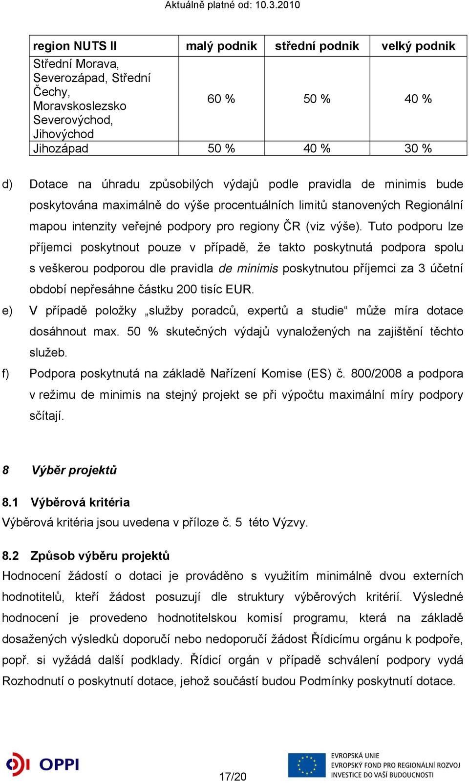 Tuto podporu lze příjemci poskytnout pouze v případě, že takto poskytnutá podpora spolu s veškerou podporou dle pravidla de minimis poskytnutou příjemci za 3 účetní období nepřesáhne částku 200 tisíc