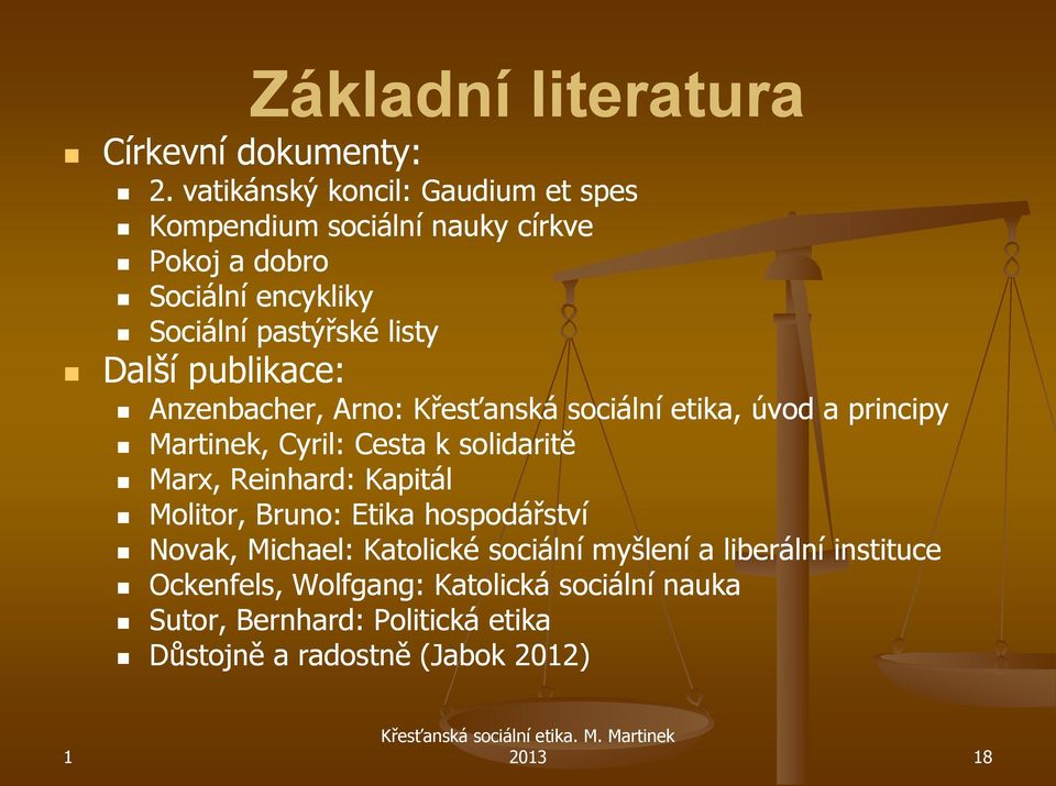 publikace: Anzenbacher, Arno: : Křesťanská sociální etika, úvod a principy Martinek, Cyril: Cesta k solidaritě Marx, Reinhard: :