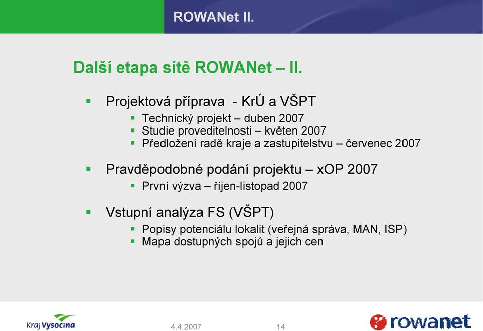 2007 Předložení radě kraje a zastupitelstvu červenec 2007 Pravděpodobné podání projektu xop