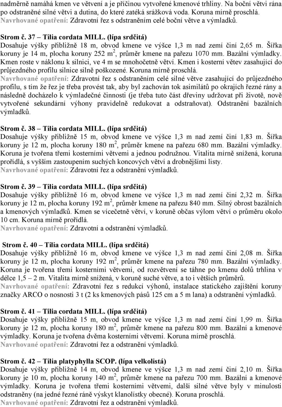 (lípa srdčitá) Dosahuje výšky přibliţně 18 m, obvod kmene ve výšce 1,3 m nad zemí činí 2,65 m. Šířka koruny je 14 m, plocha koruny 252 m 2, průměr kmene na pařezu 1070 mm. Bazální výmladky.