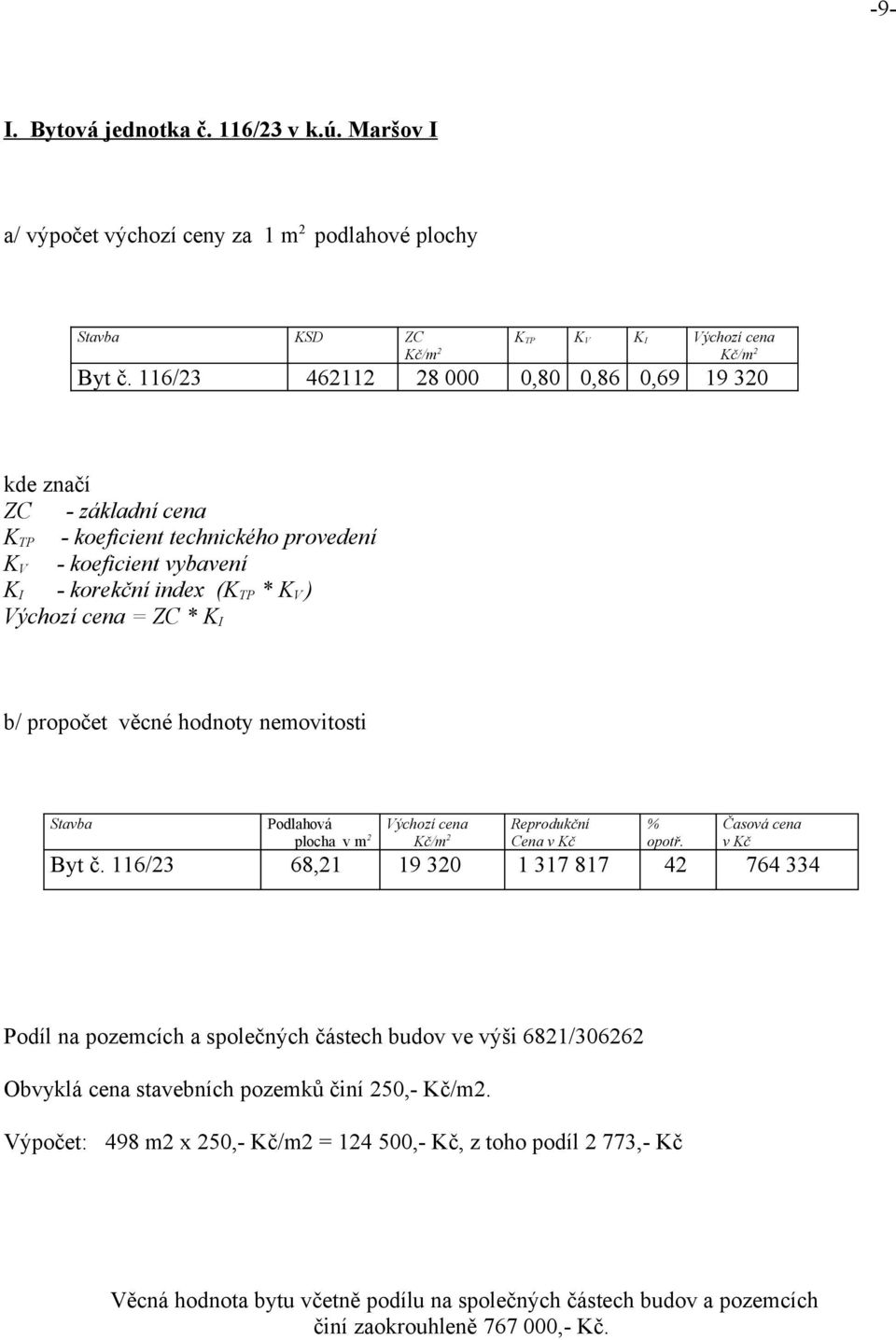 propočet věcné hodnoty nemovitosti Stavba Podlahová plocha v m 2 Výchozí cena Kč/m 2 Reprodukční Cena v Kč % opotř. Časová cena v Kč Byt č.