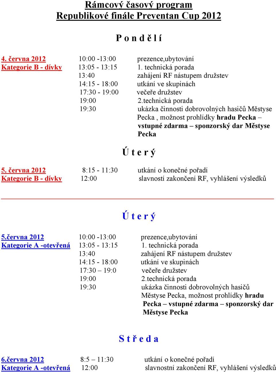 technická porada 19:30 ukázka činnosti dobrovolných hasičů Městyse Pecka, možnost prohlídky hradu Pecka vstupné zdarma sponzorský dar Městyse Pecka Ú t e r ý 5.