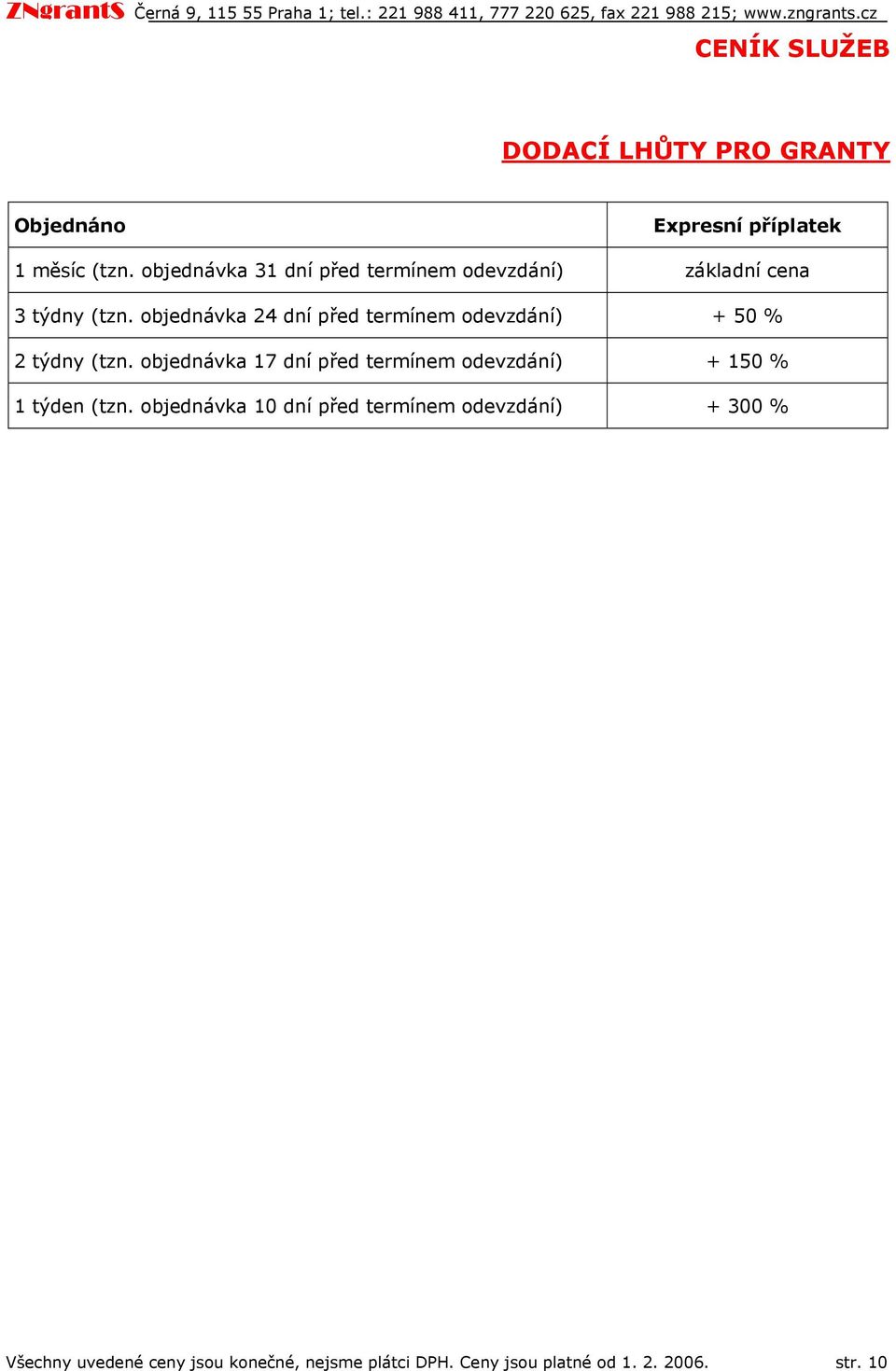 bjednávka 24 dní před termínem devzdání) + 50 % 2 týdny (tzn.