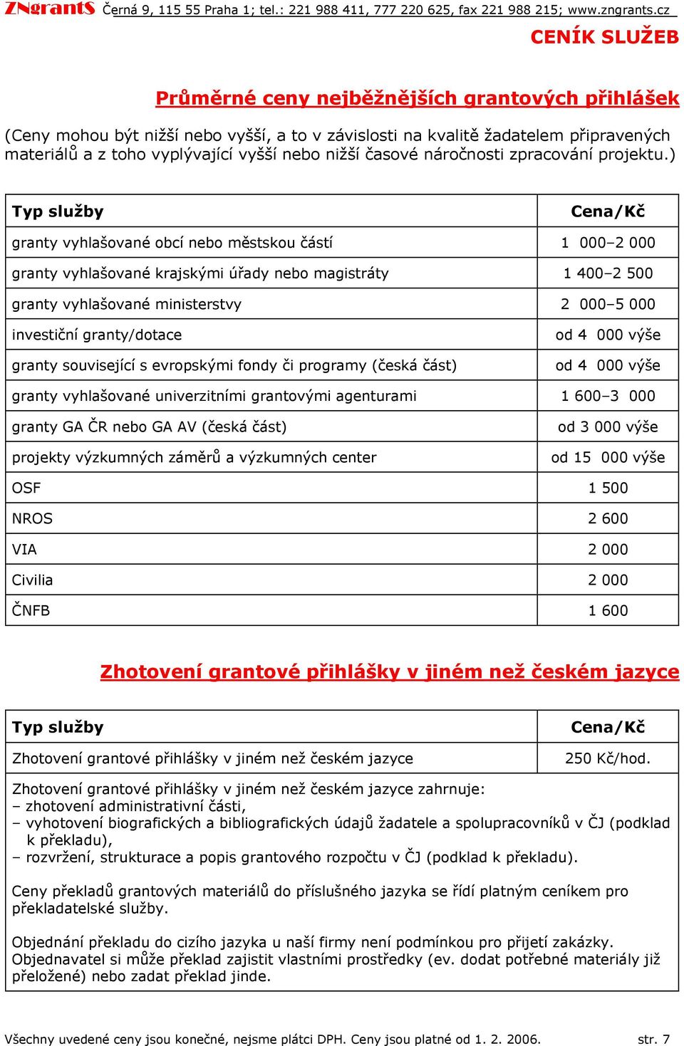 ) Typ služby Cena/Kč granty vyhlašvané bcí neb městsku částí 1 000 2 000 granty vyhlašvané krajskými úřady neb magistráty 1 400 2 500 granty vyhlašvané ministerstvy 2 000 5 000 investiční