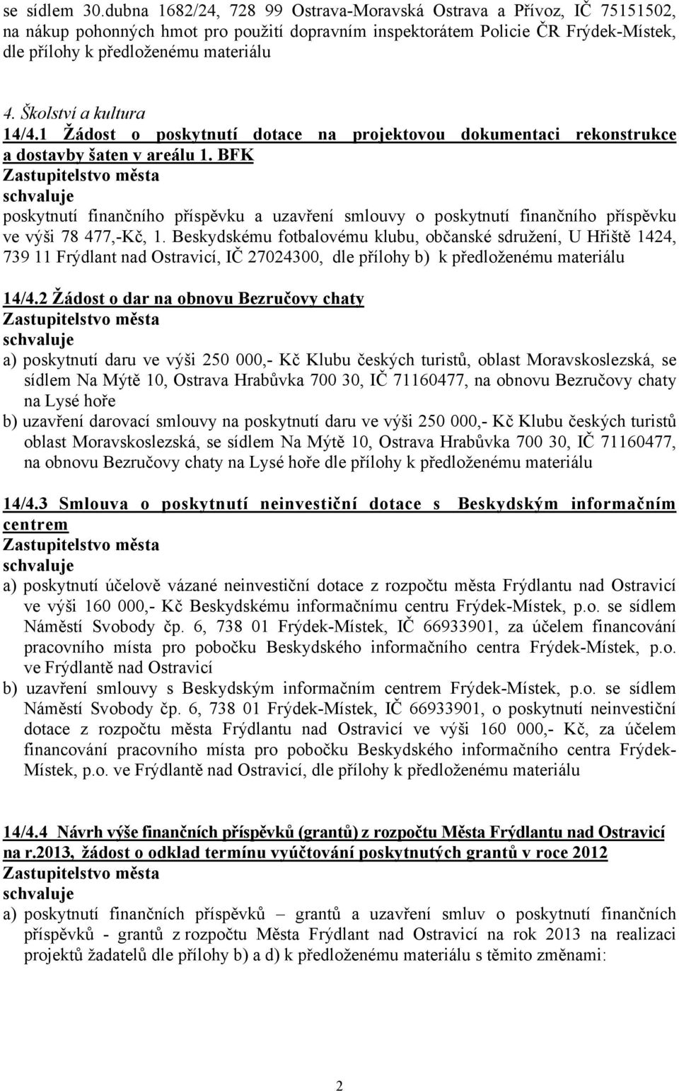 Školství a kultura 14/4.1 Žádost o poskytnutí dotace na projektovou dokumentaci rekonstrukce a dostavby šaten v areálu 1.