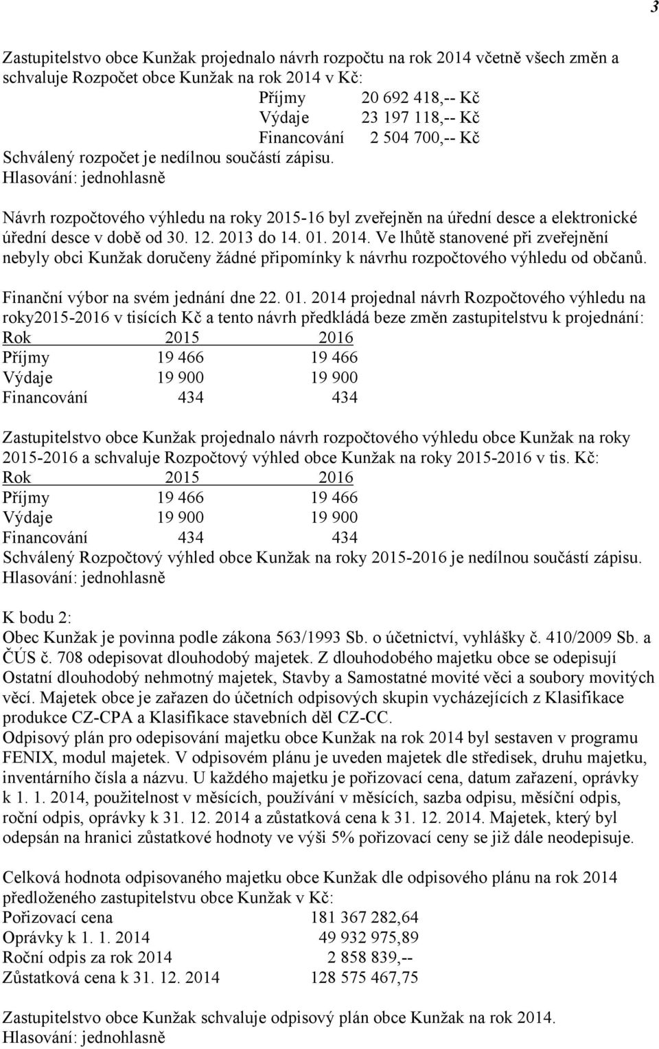 2014. Ve lhůtě stanovené při zveřejnění nebyly obci Kunžak doručeny žádné připomínky k návrhu rozpočtového výhledu od občanů. Finanční výbor na svém jednání dne 22. 01.