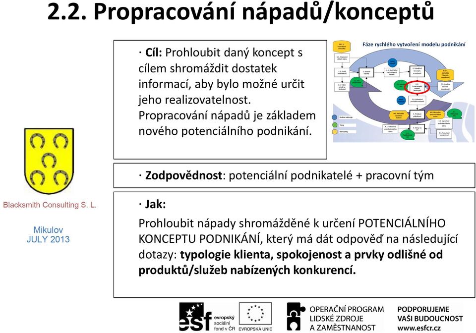 Zodpovědnost: potenciální podnikatelé + pracovní tým Jak: Prohloubit nápady shromážděné k určení POTENCIÁLNÍHO