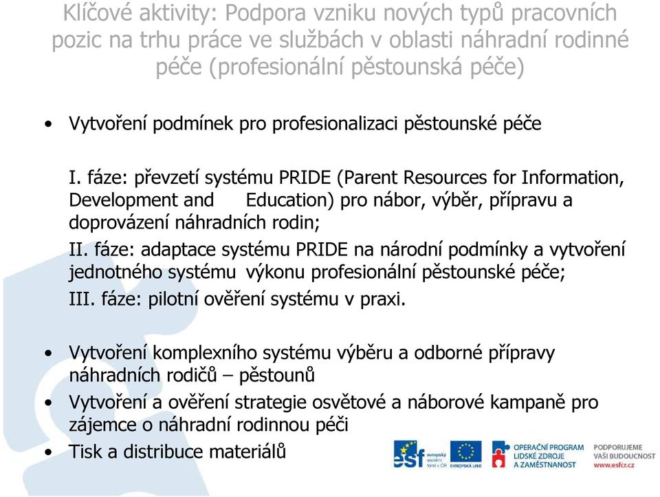 fáze: převzetí systému PRIDE (Parent Resources for Information, Development and Education) pro nábor, výběr, přípravu a doprovázení náhradních rodin; II.