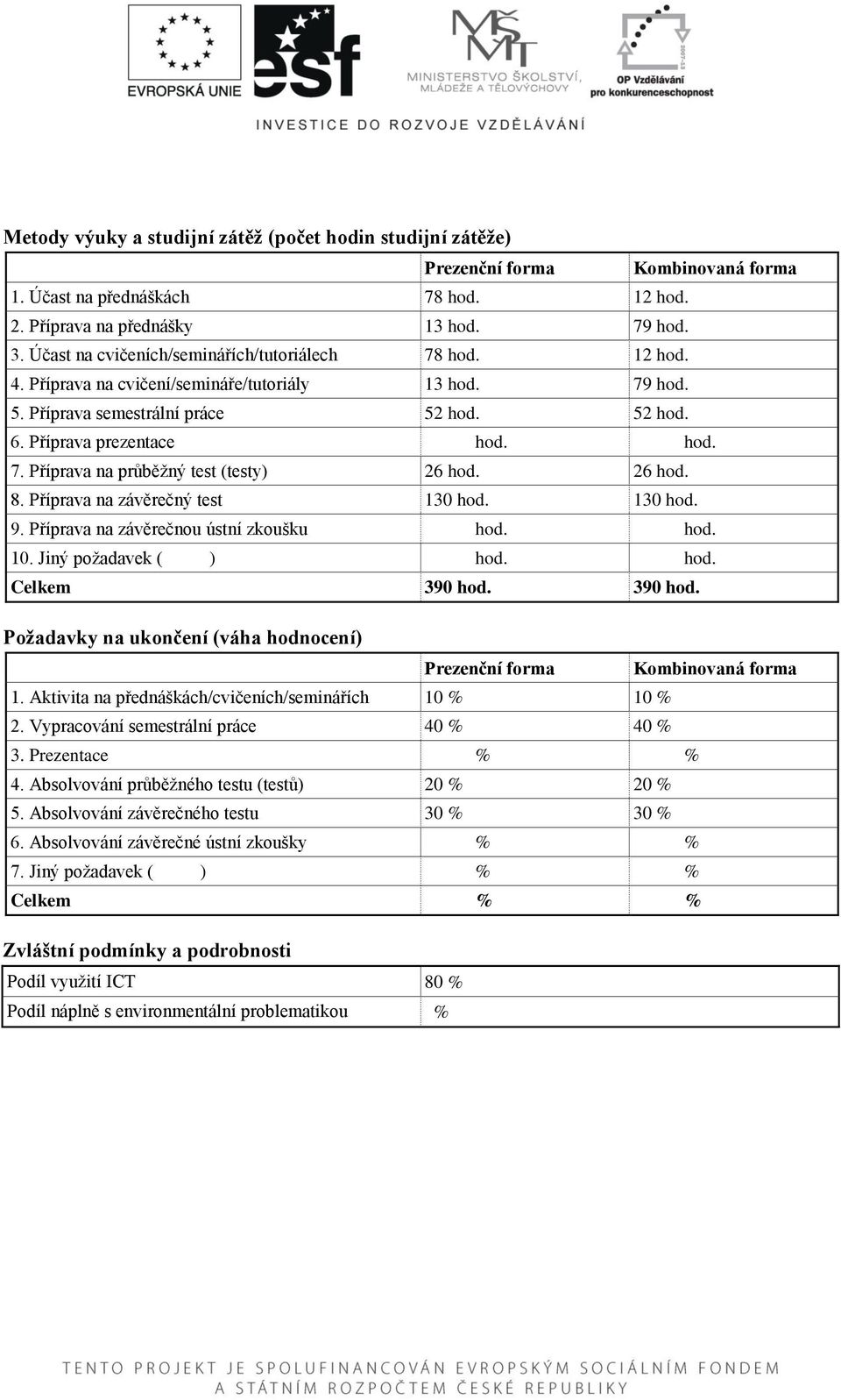 26 hod. 8. Příprava na závěrečný test 130 hod. 130 hod. 9. Příprava na závěrečnou ústní zkoušku hod. hod. 10. Jiný požadavek ( ) hod. hod. Celkem 390 hod.