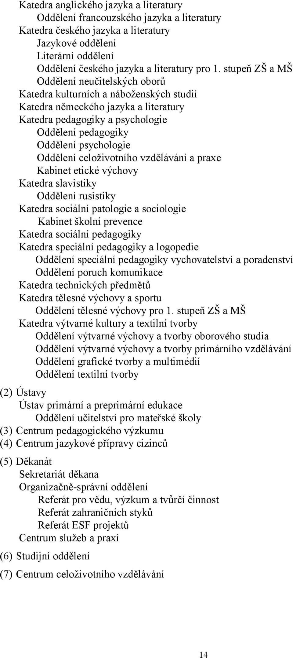 Oddělení celoživotního vzdělávání a praxe Kabinet etické výchovy Katedra slavistiky Oddělení rusistiky Katedra sociální patologie a sociologie Kabinet školní prevence Katedra sociální pedagogiky