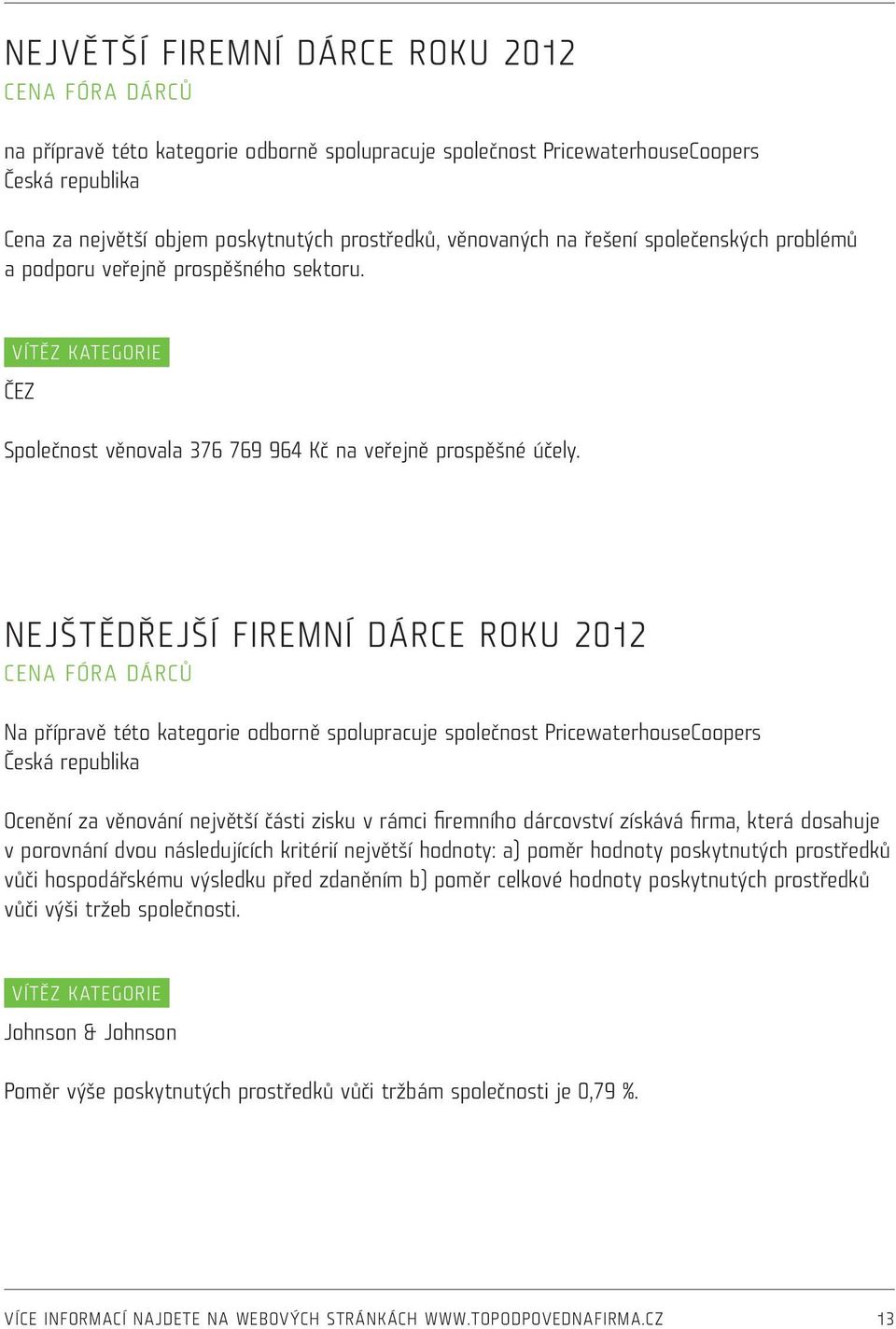 NEJŠTĚDŘEJŠÍ FIREMNÍ DÁRCE ROKU 2012 cena Fóra dárců Na přípravě této kategorie odborně spolupracuje společnost PricewaterhouseCoopers Česká republika Ocenění za věnování největší části zisku v rámci